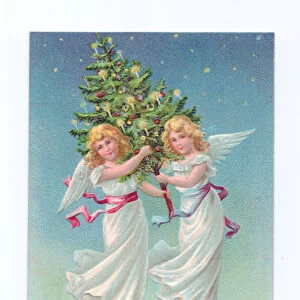 EdwardianChristmas postcard of two flying angels holding a Christmas tree, c