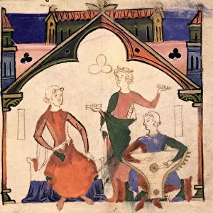 Fol. 4r Musicians playing castanets and a psaltery, from the