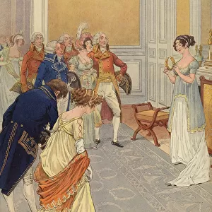 Josephine welcoming guests to the Tuileries Palace (colour litho)