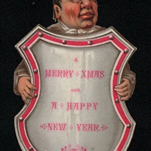 Knight holding a shield, Christmas greetings card (chromolitho)