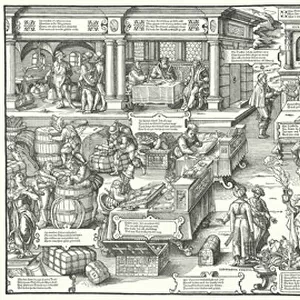 Life of German merchants and tradesmen in the 16th Century (engraving)