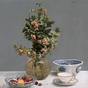 Still Life with Vase of Hawthorn, Bowl of Cherries, Japanese Bowl, and Cup and Saucer