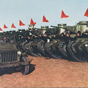 Mao Zedong reviewing his tanks, 1949 (photo)
