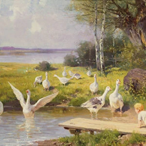 Mother and Child with Geese (oil on canvas)