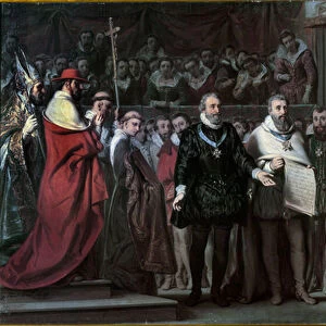 Philip II of Spain recognizes Henry IV as king of France Painting by Gillot Saint Evre
