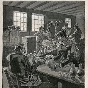 Pottery: filling pottery. Engraving from 1885 in "