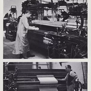 Power Loom, or Dobby Loom, and the finished cloth being dried and folded (b / w photo)