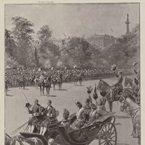 The Royal Review of the Colonial Troops by the Prince of Wales, in the Presence of the Queen, on the Horse Guards Parade, 1 July, the Duke of Connaught calling for Three Cheers for the King (litho)