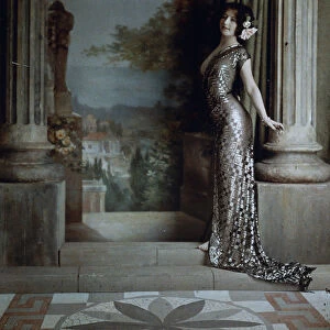 Semi-nude Woman in Diamond-pattern Silver Gown in Classical Interior, c