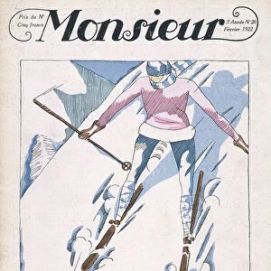 Skier, front cover of Monsieur magazine, issue 26, pub. February 1922 (pochoir print)