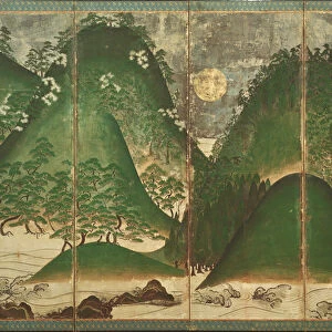Spring Landscape with Sun, part of a six panel folding screen (colour on paper)