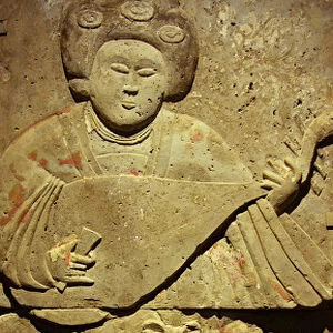 Terracotta stele with musician, Tang Dynasty (618-907), discovered in Shaanxi Province