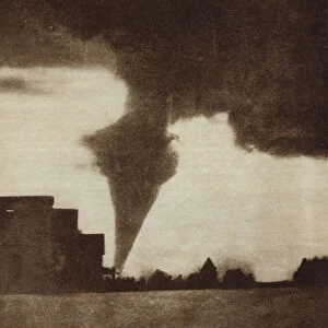 Tornado approaching a town in North Dakota, USA (b / w photo)