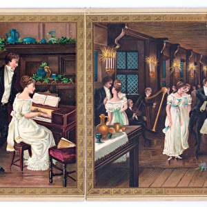 A Victorian Christmas card with guests dancing at a party