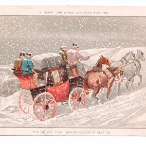 Victorian Christmas card of four men sitting on top of a stagecoach driving through