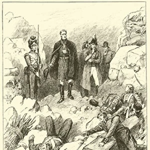"Wellington stood bareheaded on the shattered battlements"(engraving)