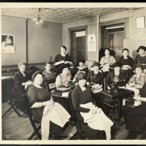 A womens sewing circle at 115 East 101st Street, East Harlem, New York