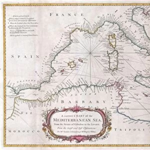 1745, Seale Map or Chart of the Mediterranean Sea, topography, cartography, geography