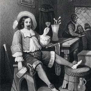man drinking wine, wine glass, jug, hat, walking stick, interior, pub, sword, elegant