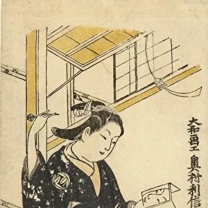 Woman hand mirror kimono pattern chrysanthemums growing
