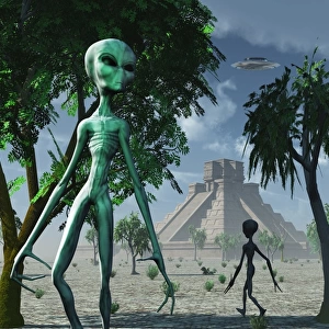 Artists concept of aliens helping the Mayans build complex buildings