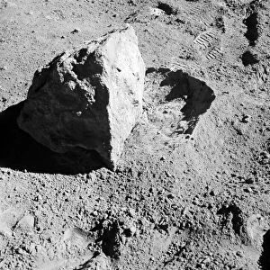 A close-up view of a block on the lunar surface