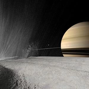 Illustration of a geyser erupting on the surface of Enceladus