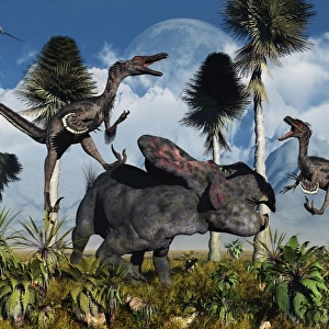 A pair of Velociraptors attack a lone Protoceratops