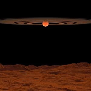 A view across a hypothetical barren alien planet towards a brown dwarf in the sky