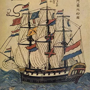 A Bunkindo Colour-Print of a Dutch Ship with descriptive text, c1800, (1936)
