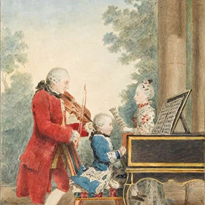 Portrait of Wolfgang Amadeus Mozart playing in Paris with his father Johann Georg Leopold, 1763-1764. Artist: Carmontelle, Louis (1717-1806)