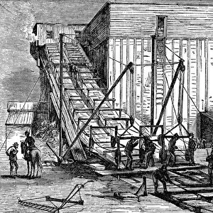 Steam-powered ice elevator, Hudson River near New York, USA, 1875