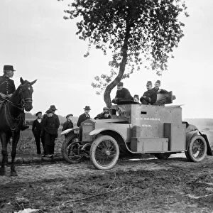 Belgian army armoured car seen here close to Termonde. circa September 1914