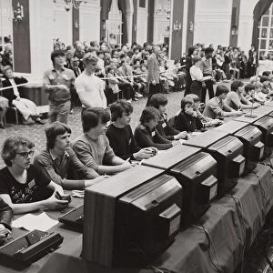 National Space Invaders Championships 1981 A row of young enthusiasts playing to
