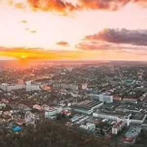 Gomel, Belarus. Aerial View Of Homiel Cityscape Skyline In Autumn Evening. Residential District And River During Sunset. Bird's-eye View. Panorama, Pa
