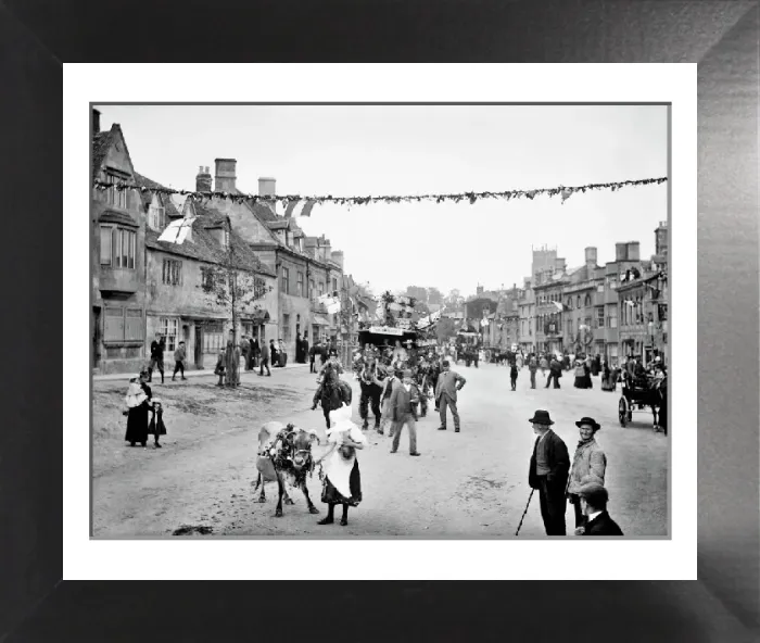 Framed Print : Print of a Milkmaid with Calf and Floral Cart in Chipping Campden Framed Print : Print of a Milkmaid with Calf and Floral Cart in Chipping Campden