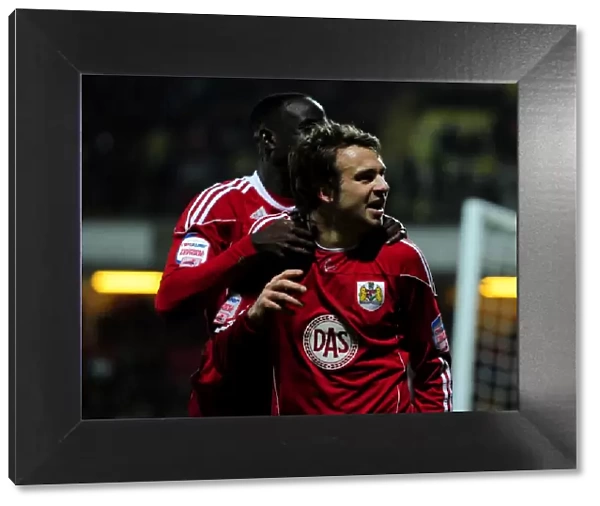 Brett Pitman and Albert Adomah: Celebrating the Championship Winning Goal for Bristol City against Watford (22 / 02 / 2011)