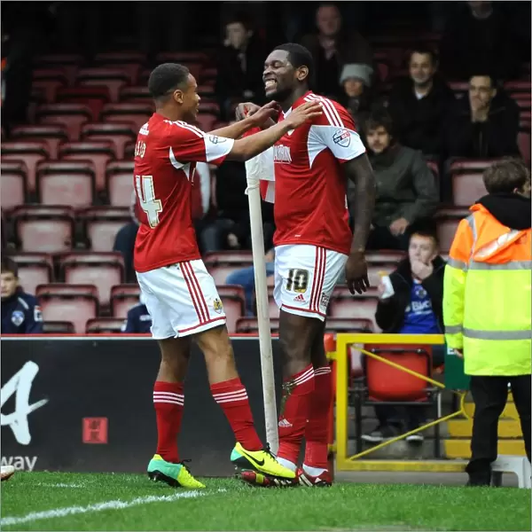Bristol City Celebration: Jay Emmanuel-Thomas and Bobby Reid Rejoice After Goal vs Oldham Athletic (November 2013)