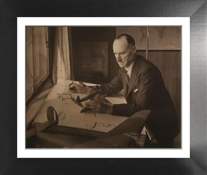 Framed Print : Geoffrey de Havilland with Mosquito Model Print