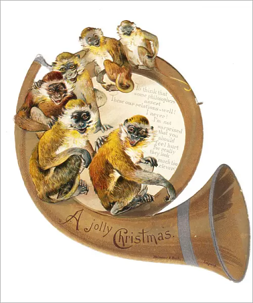 Six monkeys on a horn-shaped Christmas card
