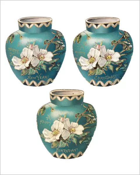 Turquoise pots with white flowers on three cutout cards