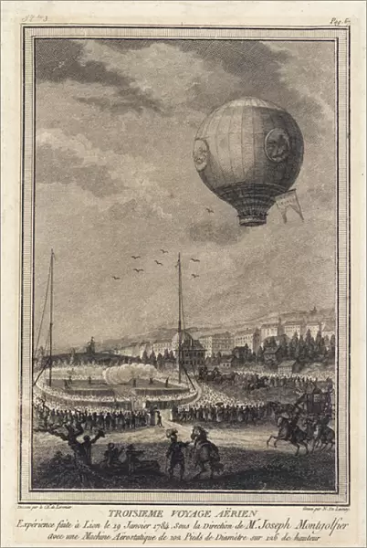 Montgolfier balloon in flight over Lyons, France