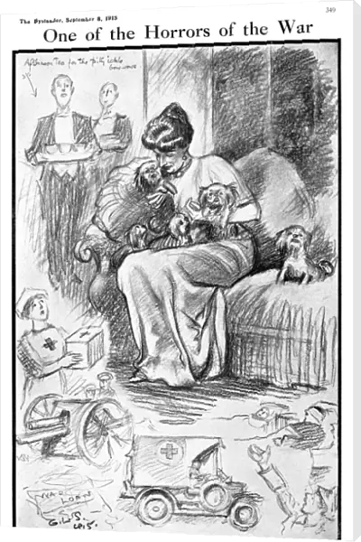 Cartoon criticising dogs given luxury food in wartime, WW1