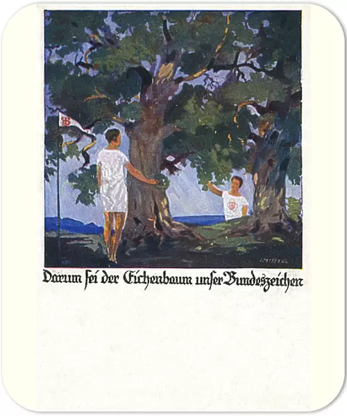 German postcard, two male athletes under oak tree