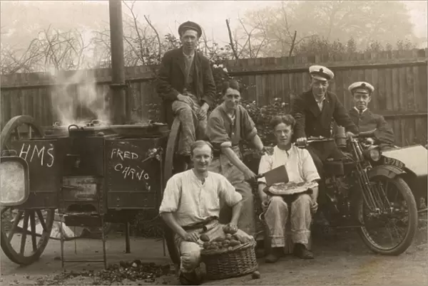 Men with mobile field oven and motorcycle, WW1