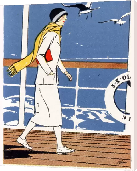 Elegant lady traveller strolling along the deck of a liner