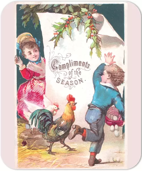 Little girl and boy with hens on a Christmas card