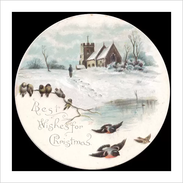 Snow scene with birds on a circular Christmas card