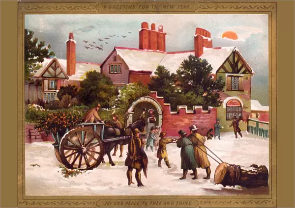 Snow scene outside a house on a New Year card