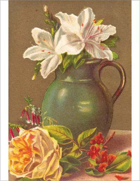 Flowers and green jug on a greetings card